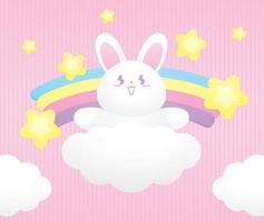 schattig kawaii wit konijn met kleurrijk regenboog en lief sterren illustratie vector