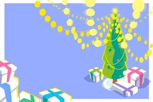kerstkaart met 3d effect. heldere slinger en geschenkdozen onder de kerstboom. vakantieseizoen illustratie met veel gele lichten. kleurrijk winterseizoenontwerp. vector platte concept.