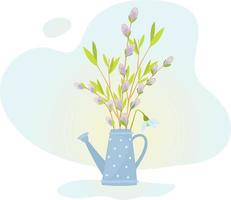 wilg takken in een blauw gieter kan, een voorjaar illustratie, boeketten van bloemen in pot vector
