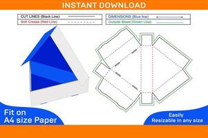 driehoek pizza doos of geschenk doos, voedsel verpakking doos dieline sjabloon en 3d vector bestandsbox dieline en 3d doos