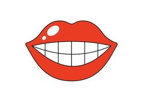 retro groovy glimlachen mond met glimmend wit tanden. groot mollig glanzend rood geopend lippen. funky vrouw lip met lippenstift. wijnoogst hippie sticker afdrukken. vector modieus knal kunst geïsoleerd eps lap