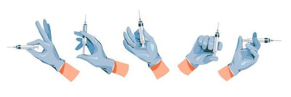 wereld immunisatie. hand- met injectiespuit set. injectiespuit met vaccin. tekenfilm vector vlak illustratie.