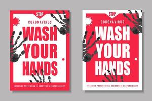 wassen uw handen waarschuwing poster voor covid-19 het voorkomen merk op, hand- prints en virus elementen vector