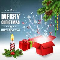Open geschenk doos met helder licht en confetti, Kerstmis achtergrond, vector illustratie