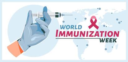 wereld immunisatie week web spandoek. hand- met spuit. injectiespuit met vaccin. tekenfilm vector vlak illustratie.