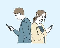 casual stijl man en vrouw kijken naar mobiele telefoons. hand getrokken stijl vector ontwerp illustraties.