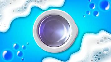 het wassen machine deur, zeep bubbels en schuim. wasmiddel of wasserij ontwerp. vector illustratie