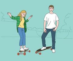 jonge man en vrouw rijden skateboards in het park. hand getrokken stijl vector ontwerp illustraties.