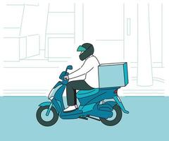 een bezorger met een helm rent op een motorfiets. hand getrokken stijl vector ontwerp illustraties.