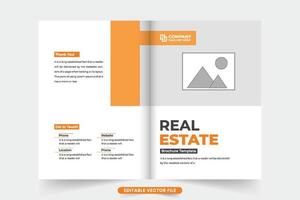 gemakkelijk brochure Hoes decoratie voor echt landgoed bedrijf marketing. huis uitverkoop tijdschrift Hoes sjabloon ontwerp met foto tijdelijke aanduidingen. huis verkoop boekje Hoes vector met oranje en donker kleuren.