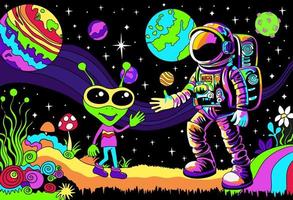 vergadering van astronaut en buitenaards wezen. psychedelisch landschap. ruimte verkennen tekenfilm banier vector