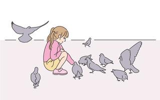 het meisje en de duiven in het park. hand getrokken stijl vector ontwerp illustraties.