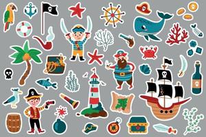 piraat sticker set. piraat partij sticker voor kleuterschool. avontuur, schat, piraten, walvis, schip, schat borst, rum fles. vector