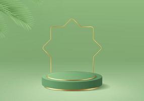 3d islamitische minimale podiumproductvertoning voor ramadan groene achtergrond met goud, blad vector