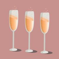 drie bril van Champagne Aan een pastel roze achtergrond. vector illustratie.