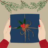 Kerstmis Cadeau in vrouw handen. detailopname. hoog kwaliteit vector illustratie.