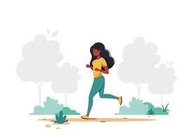 zwarte vrouw joggen in het park. gezonde levensstijl, sport, concept voor buitenactiviteiten. vector illustratie.