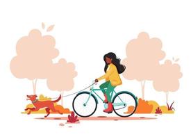 zwarte vrouw rijden fiets met hond in herfst park. gezonde levensstijl, concept voor buitenactiviteiten. vector illustratie.