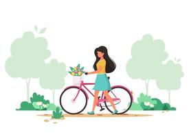 vrouw met een fiets met bloemen in de mand. lente. vector illustratie.