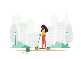 zwarte vrouw rijden elektrische step. eco transport concept. vector illustratie