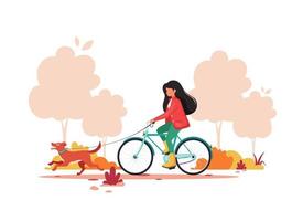 vrouw rijden fiets met hond in herfst park. gezonde levensstijl, concept voor buitenactiviteiten. vector illustratie.