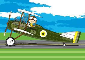 schattig tekenfilm ww1 stijl luchtmacht piloot en tweedekker vector