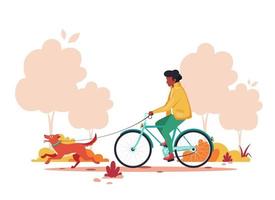 zwarte man rijden fiets met hond in herfst park. gezonde levensstijl, concept voor buitenactiviteiten. vector illustratie.