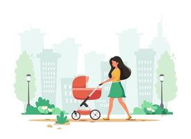 vrouw lopen met kinderwagen in het voorjaar. buiten activiteit. vector illustratie.