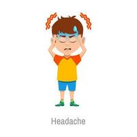 hoofdpijn kind ziekte, vector ziek jongen met pijn