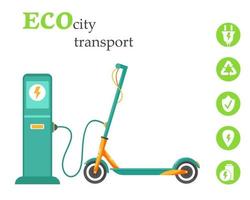 eco stadsvervoer. elektrische scooter opladen bij een station. concept van natuurbesparing en nieuwe technologie. vector illustratie