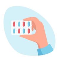 pillen en vitamines in de hand. geneeskunde en farmaceutica concept. vector illustratie