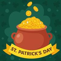 st. patrick's day wenskaart. pot met gouden munten. vector illustratie.