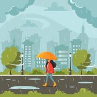 vrouw die tijdens de regen onder een paraplu loopt. regen vallen. herfst buitenactiviteiten. vector
