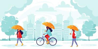 mensen die onder paraplu's lopen tijdens de regen. herfst regen op stad achtergrond. vector