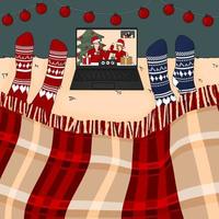 twee mensen kijken naar nieuwjaars- en kerstfilm op het bed onder de bordeauxrode traditionele plaid op laptop in gebreide rode en blauwe sokken vector