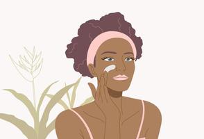 mooi jong vrouw met haar- band huid zorg Aan haar gezicht, met bloemen en bladeren planten achtergrond, vector