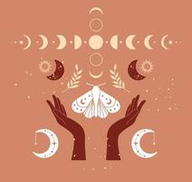 vector illustratie van henna- mysticus mudra handen, maan en sterren. aztec stijl, tribal kunst, etnisch verzameling, ontwerp geïsoleerd Aan beige achtergrond.