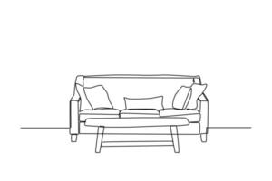 doorlopend een lijn tekening interieur van de leven kamer met sofa en decoratie accessoires. leven kamer concept. single lijn trek ontwerp vector grafisch illustratie.