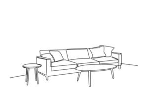 doorlopend een lijn tekening interieur van de leven kamer met sofa en decoratie accessoires. leven kamer concept. single lijn trek ontwerp vector grafisch illustratie.