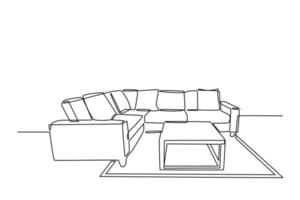 doorlopend een lijn tekening interieur van de leven kamer met sofa en decoratie accessoires. leven kamer concept. single lijn trek ontwerp vector grafisch illustratie.