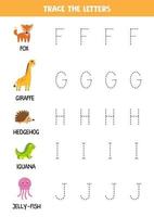 letters van het Engelse alfabet traceren met dieren. Schrijf oefening. vector