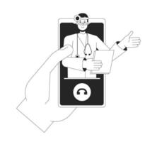 online dokter overleg Aan mobiel telefoon bw concept vector plek illustratie. 2d vlak lijn monochromatisch tekenfilm hand- Aan wit voor web ui ontwerp. bewerkbare held beeld voor landen bladzijde, mobiel hoofd