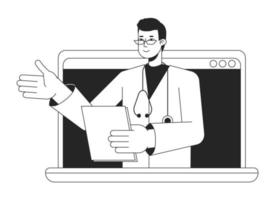 online dokter bezoek Aan laptop bw concept vector plek illustratie. telehealth aanbieder 2d vlak lijn monochromatisch tekenfilm karakter voor web ui ontwerp. bewerkbare held beeld voor landen, mobiel hoofd