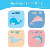 schattig dier flashcards verzameling. Engels naam met tekenfilm dieren set. schattig tekening van zee dieren. kaart spellen voor kinderen. vector illustratie.