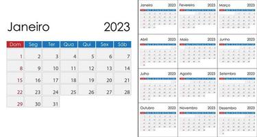 kalender 2023 Aan Portugees taal, week begin Aan zondag. vector sjabloon