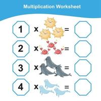 vermenigvuldiging werkblad voor kinderen. tellen wiskunde werkblad. afdrukbare wiskunde werkblad. vector illustratie.