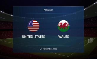 Verenigde staten vs Wales. Amerikaans voetbal scorebord uitzending grafisch vector