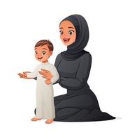 Arabische moeder helpt haar kind om de eerste stappen te zetten. cartoon vectorillustratie.