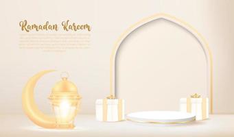 3d ramadan kareem-achtergrond met gouden lamp en podium. vector