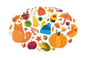 cartoon herfst achtergrond, herfst symbolen op wit vector